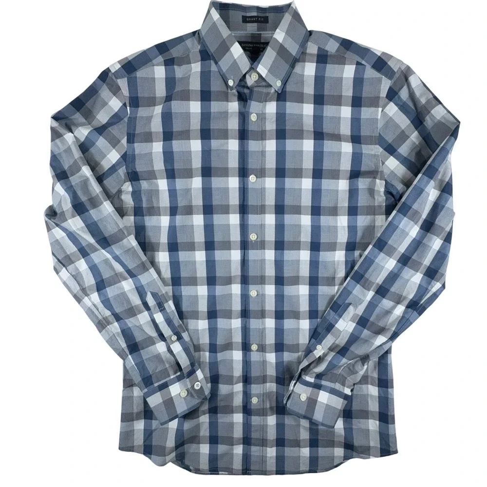 Banana Republic Shirt Mens M Grant Fit Supima Cotton Button Down Blue Plaid‎